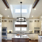 20" Farmhouse Round Black Chandelier, 5-Light Rustic Dining Room Light Fixtures Over Table, Industrial Glass Chandeliers for Dining Kitchen Living Room, Clear Waterglass Drum Shade