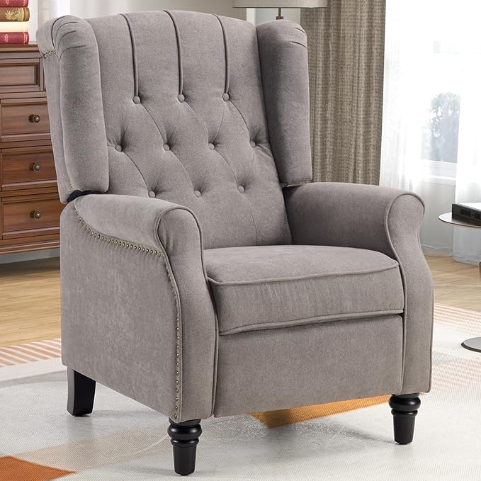 CANMOV Push Back Recliner Chair, Accent Chair,Mid Century Wingback Recliner, Fabric Push Back Recliner Chair Single Armchair Sofa with Rivet Decoration,Button-Tufted Back for Living Room, Grey