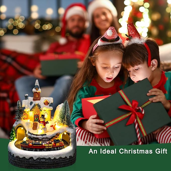 Animated Musical Christmas Village Figurines - Church Building and Snowman Statues with Rotating Train, LED Lights and Music - Battery & USB Powered Xmas Gifts and Festive Home Collection Decorations