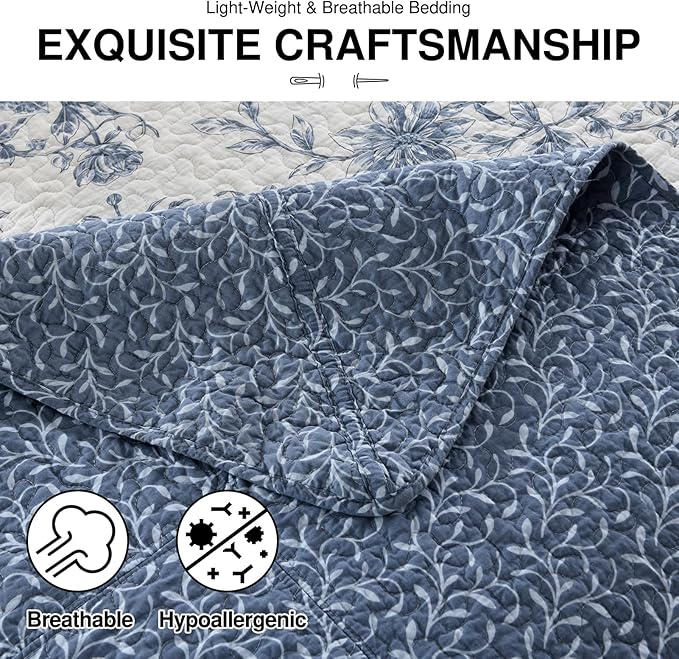 DDUOXIN Botanical Oversized Queen Bedspread - 102" W x120 L Extra Wide 100% Cotton California Quilt, Lightweight Reversible Oversize Bedspreads with 2 Pillow Shams, Blue/Cream