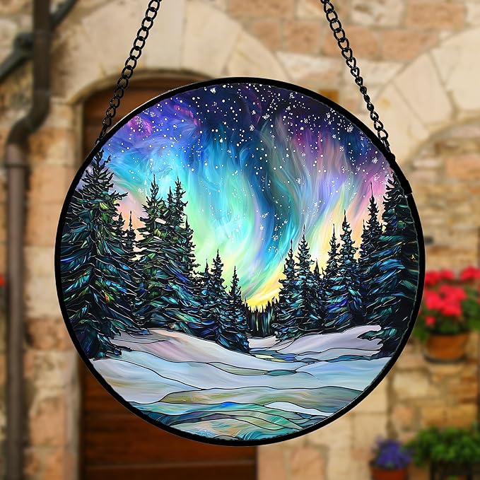 Stained Glass Window Hanging, Aurora Landscape Sun Catchers Glass Panel Green Trees Suncatcher Decor for Birthday for Women, Men, Wife, Aunt, and Mom 6.3 in