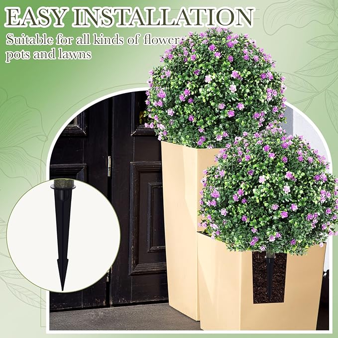 Yunlly Set of 2 Artificial Boxwood Topiary Ball Tree Fake Bushes Shrubs Outdoor Faux Plant with Ground Spike Flowers UV Resistance Greenery for Front Porch Garden Patio Indoor(Light Purple,27x18inch)