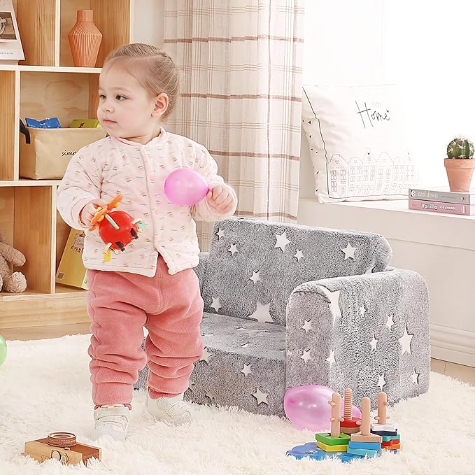 Toddler Chair Plush Kids Couch, 2-in-1 Comfy Armchair Removable and Washable Cover Carrying Handle, Convertible Reading Chair Toddler Couch for Girls and Boys, Glow in The Dark Grey Star