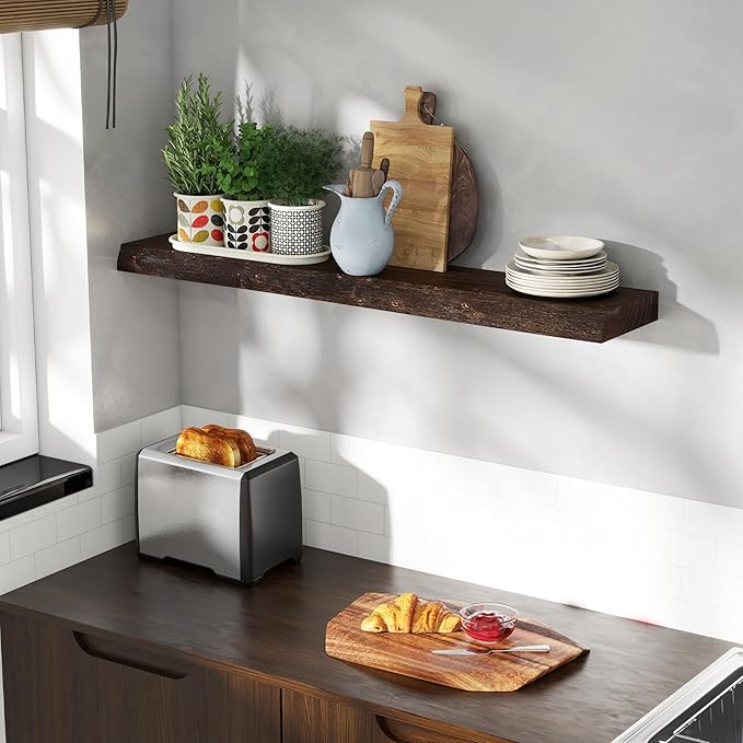 Fun Memories 40" Floating Shelves for Wall, Live Edge Solid Elm Wood Floating Shelf with Invisible Bracket, Wall Mounted Display Wooden Shelves for Bathroom, Kitchen, Bedroom, Walnut Color, Set of 1