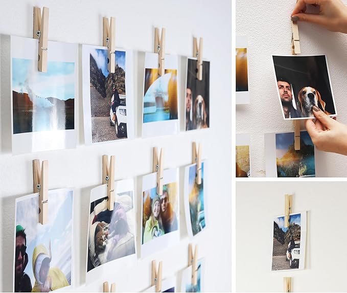 20 Pack Wood Photo Clips with Adhesive Layer 2.8'' for Wall, Art Holder, Mood Wall, Picture Holder, Poster Hanger, Dorm Room Decor, Photos Display