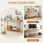 63” Console Table with 2 Drawers, Retro Entryway Table with Fluted Panel & Storage Shelf, Narrow Long Behind Couch Tables Accent Sofa Table with Solid Wood Legs for Living Room Foyer Hallway(Natural)