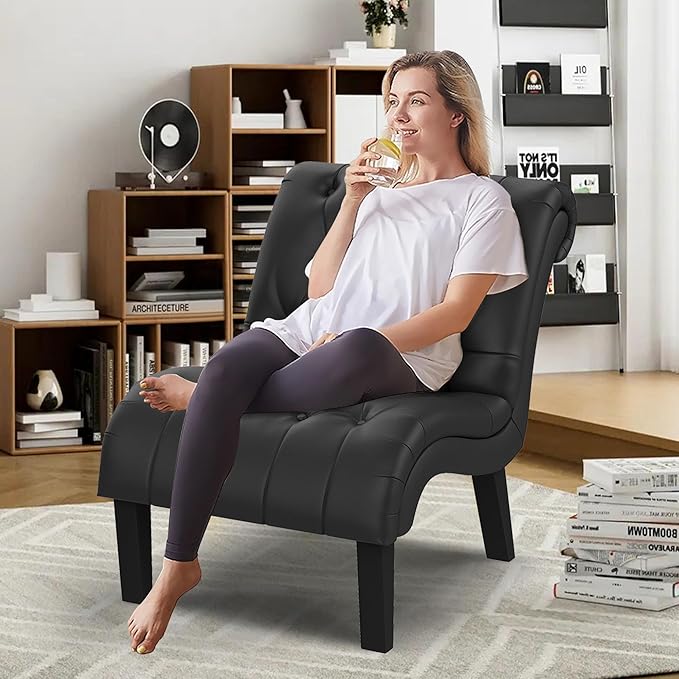 Yongqiang PU Leather Accent Chairs Set of 2 Button Tufted Upholstered Modern Armless Lounge Chair for Bedroom Living Room Chairs Leisure Chair with Wood Legs Black