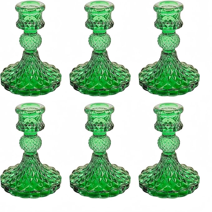 Glass Candlestick Holder,Striped Taper Candle Holders,Set of 6 Candle Stand for Table Centerpieces, Home Decor,Weddings,Festival and Parties (Green Dimond Pattern)
