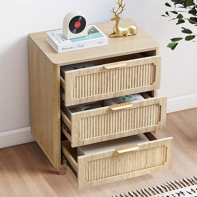 Fluted Nightstand Set 2 22.9'' Wood Nightstands with Drawers Bedside Table Set of 2 Mid Century Drawer Dresser for Bedroom Living Room Natural
