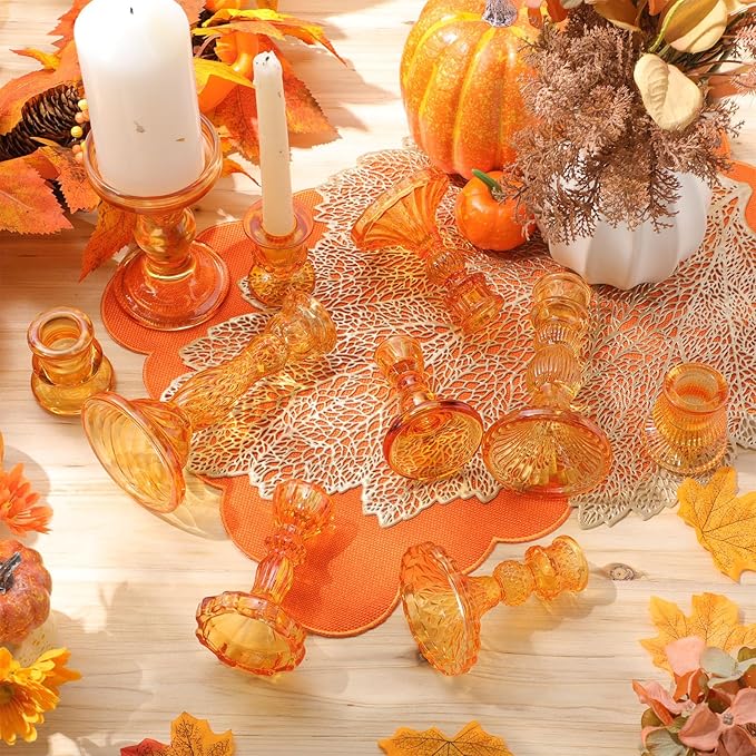 Mumufy 10 Pcs Glass Crystal Taper Candle Holders Clear Glass Candlestick Holder Fit 0.8 Inch Candles Crystal Decorative Candle Stand Centerpiece Table Wedding Dining Party (Classic,Orange)