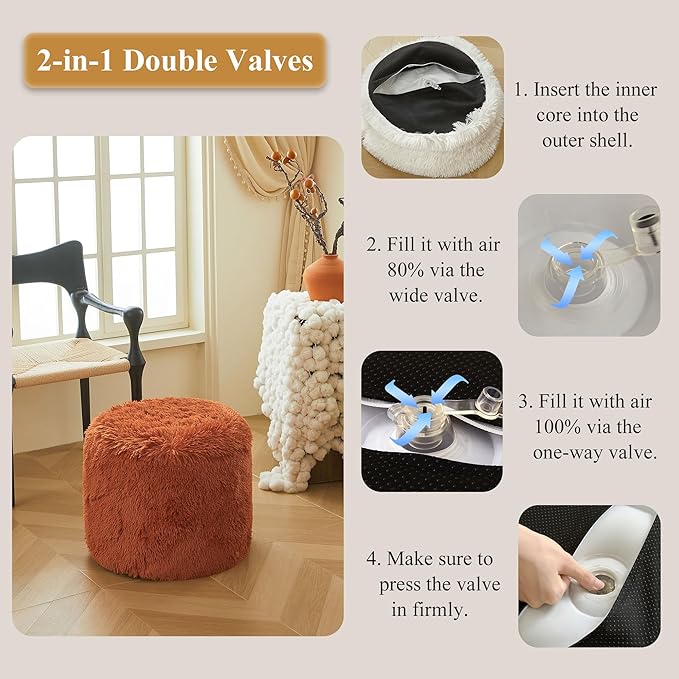 XeGe Fluffy Faux Fur Inflatable Pouf Ottoman, Soft Fuzzy Foot Stool, Plush Furry Foot Rest Floor Pouf Anti-Slip for Kids Girls Adult, Cute Foldable Round Ottoman Cushion Living Room, Burnt Orange