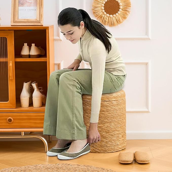 Wimarsbon Round Pouf Ottomans, Handwoven Natural Water Hyacinth Seagrass Pouffe,Outdoor Rattan Stool Accent Seat, Bohemian Coastal Home Decor (Storage - 14inch Natural Cattail)