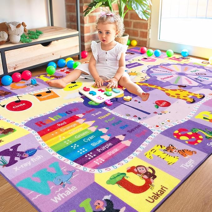 Kids Rugs for Playroom Bedroom Classroom Nursery, Non-Slip and Washable Rugs for Children Toddlers Girls, Educational and Fun Rug Carpets with ABC Alphabet Animals Shapes, 3x5, Purple
