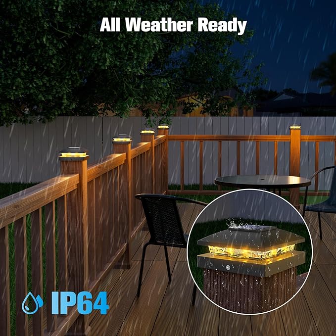 VOLISUN 4x4 Solar Post Cap Light 6pack,Solar Fence - Cap Lights Outdoor Waterproof for Wooden/Vinyl Post,Black Deck Post Cap Light Solar Powered with Warm White for Garden/Patio/Porch