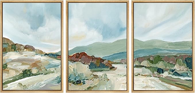 SIGNWIN Framed Canvas Print Wall Art Set Pastel Watercolor Blue Sky Mountain Range Landscape Nature Wilderness Illustrations Modern Art Decorative Scenic Relax/Calm for Bedroom - 16"x24"x3 Natural