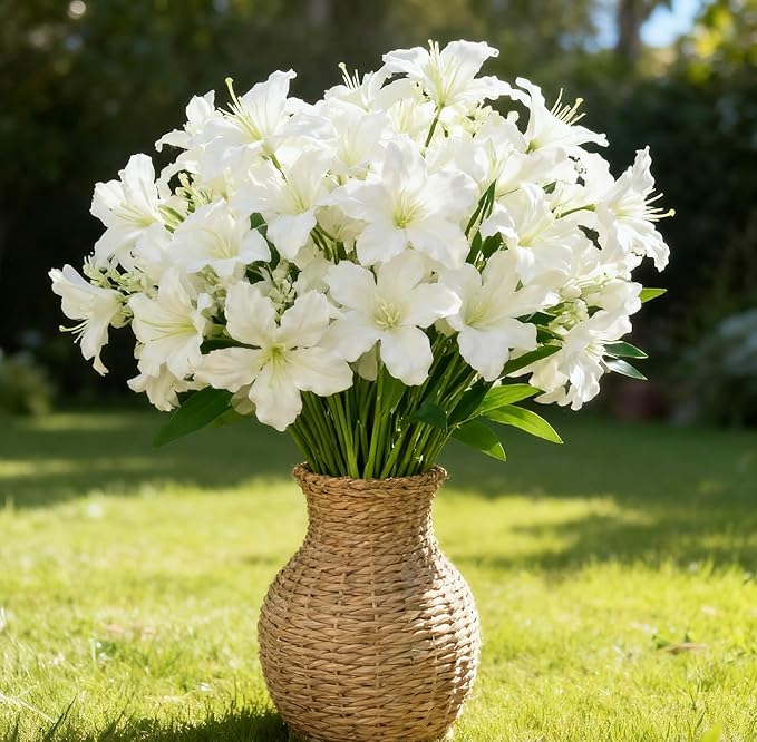 10-Bud Artificial Lily Flowers, 4 Pcs Fake Outdoor Flowers, UV Resistant Faux Flowers for Outdoor Planters, Silk Flowers for Wedding Decoration (White)