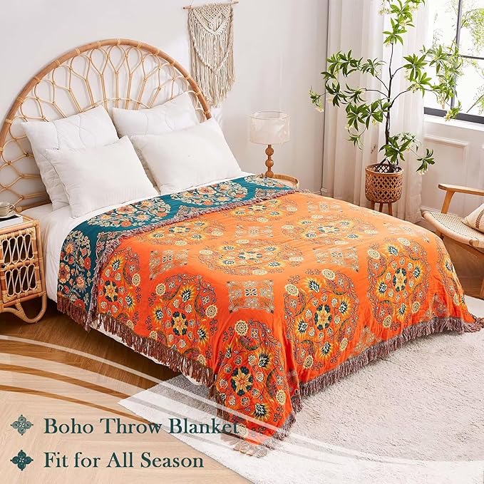 Boho Throw Blanket, 100% Cotton Ultra Soft Luxury Throw Rustic Quilt, 90"x98" Floral Printed Farmhouse Decor Bed Summer Blankets, All Season Rustic Reversible Bohemian Throw for Bed - Orange