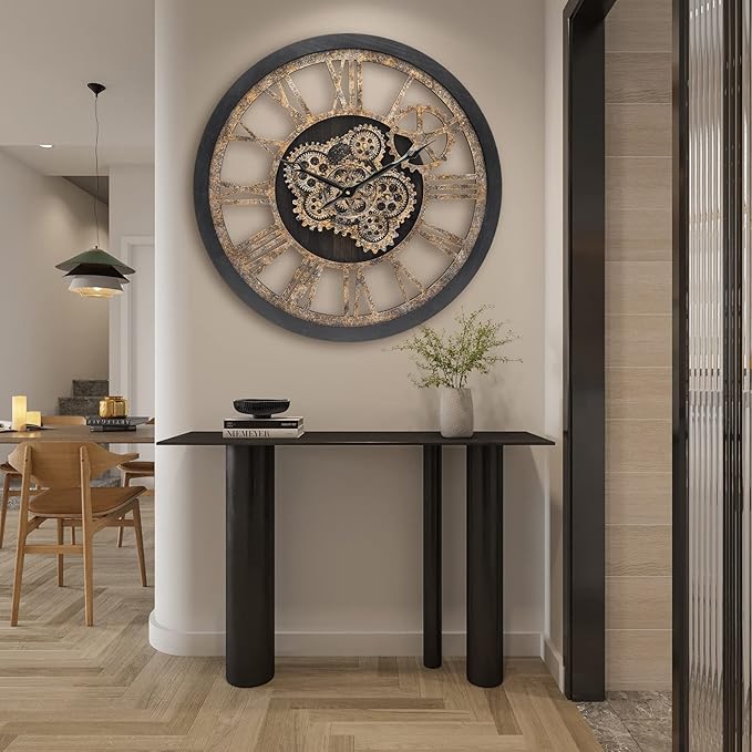 HOIBAI Large Wall Clock, 24 Inch Wall Clocks for Living Room Decor Farmhouse Vintage Rustic Kitchen Wall Decor Vintage Roman Big Oversized Wall Clock for Home Bedroom House Office, Moving Gears Clock