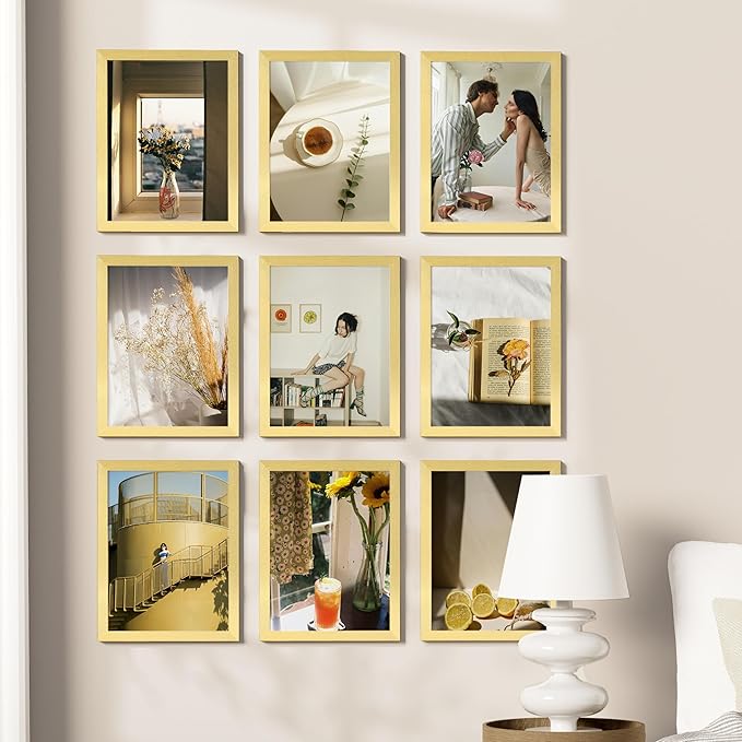Vittanly 9x12 Picture Frames Set of 9, Shatter Resistant Plexiglass, Display 6x8 Pictures with Mat or 9x12 without Mat, Photo Frames for Wall or Tabletop, Engineered Wood, Gold