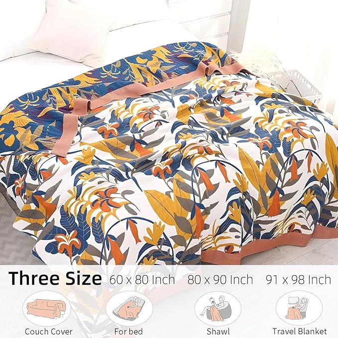 Boho Throw Blanket for Bed - 100% Pure Cotton Ultra Soft Rustic Quilt - Farmhouse Decor Bed Blankets, All Season Rustic Throw for Sofa Couch Chair(80''x 90'', Floral Sea)
