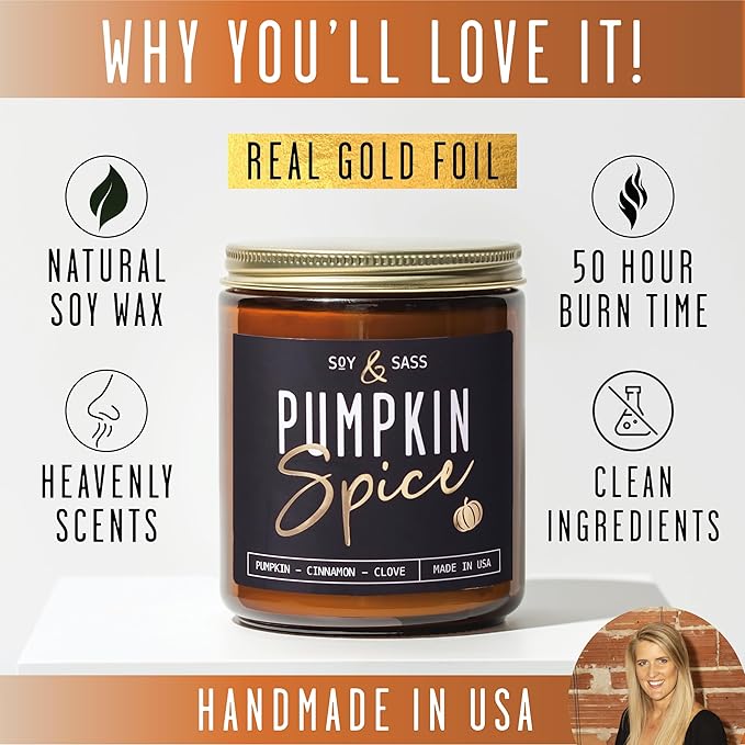 Pumpkin Spice Candle, Fall Candles - 'Pumpkin Spice' Pumpkin Candle I Infused w/Essential Oils I Autumn Scented Soy Candles for Home I Fall Home Décor I 9oz Reusable Jar, 50Hr Burn, Made in USA