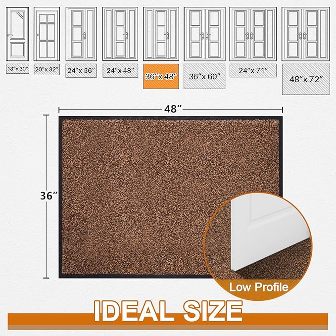 Mibao Front Door Mat, Dirt Trapper Welcome Mat for Outdoor Indoor, Non-Slip Waterproof Doormat, Durable Machine Washable Low Profile Entry Rug for Back Door Outside Patio Porch, 48" x 36", Brown