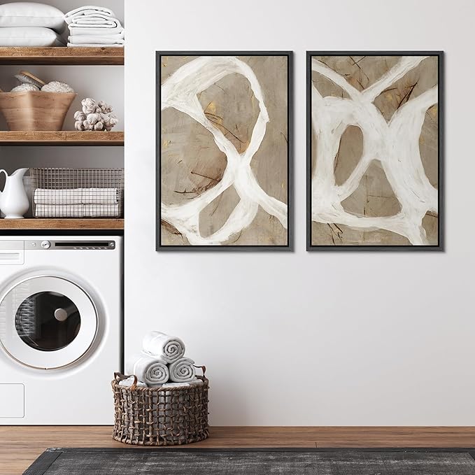 SIGNFORD Framed Canvas Print Wall Art Set Abstract White and Beige Brushstrokes on Neutral Illustrations Modern Art Decorative Bohemian for Living Room, Bedroom, Office - 16"x24"x2 Black