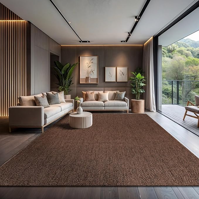 CAMILSON Easy Jute Rug 9x12, Indoor Outdoor Brown Color Fiber Area Rugs for Living Room Patio and Kitchen Rug, Solid Boho Woven Design, Easy-Cleaning, Washable Outside Carpet Alfombras (9 x 12)