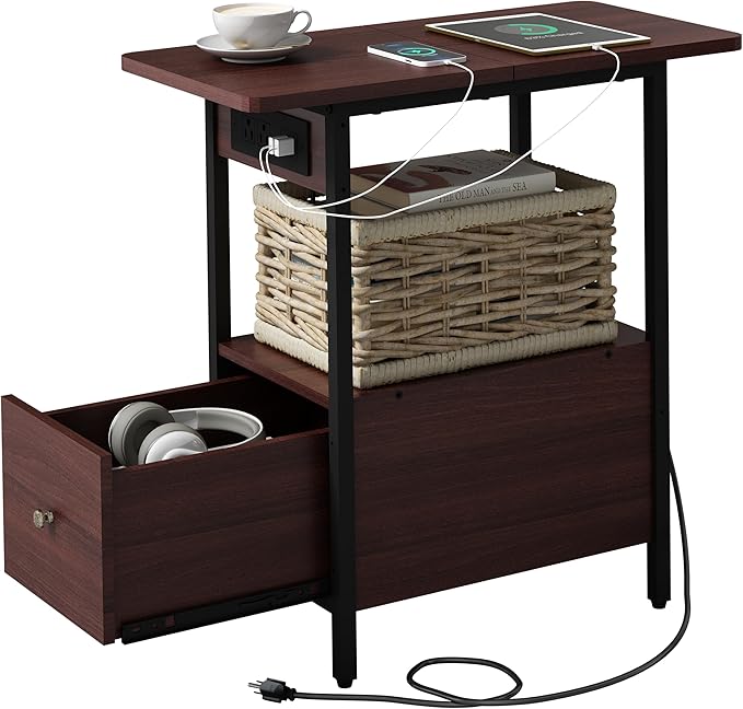 LIDYUK End Table with Charging Station, Narrow Side Table with Drawer and USB Ports & Power Outlets, Nightstand Bedside Tables for Small Spaces, Bedroom, Living Room, Dark Cherry
