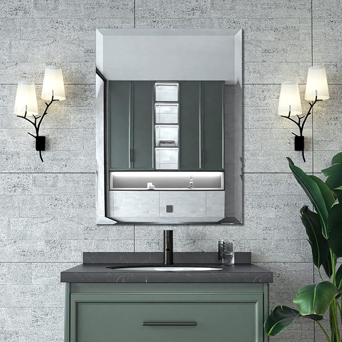 Mirrorons Beveled Mirror, Wall Mirror 24" x 32", Frameless Rectangle Bathroom Vanity Mirror with Beveled Edge, Hangs Horizontally or Vertically. Upgraded Shatterproof Mirror, Bathroom, Gym.