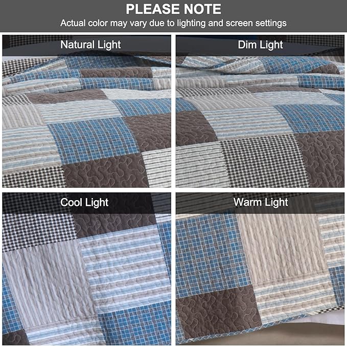PANGUSHAN 100% Cotton Quilt Set King Size, Patchwork Plaid King Quilt Bedding Set Bedspreads, Farmhouse Lightweight Comforter Reversible Quilt, Blue/Brown Bed Spread for King Bed, 3 Pieces