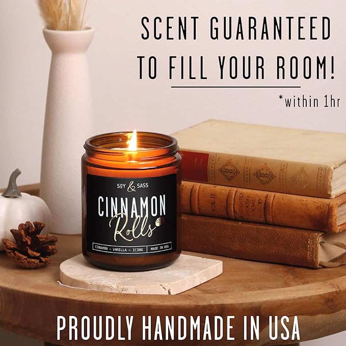 Cinnamon Candle, Fall Candles, Christmas Candles - 'Cinnamon Rolls' Autumn Scented Soy Candle for Home, 9oz Reusable Jar, 50Hr Burn, Made in USA