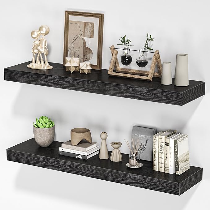 Floating Shelves for Wall, 31.5" W x 6.7" D x 1.5" H, Wooden Wall Mounted Display Shelves with Invisible Brackets for Living Room, Bedroom, Bathroom, Kitchen Decor and Storage, Set of 2, Black