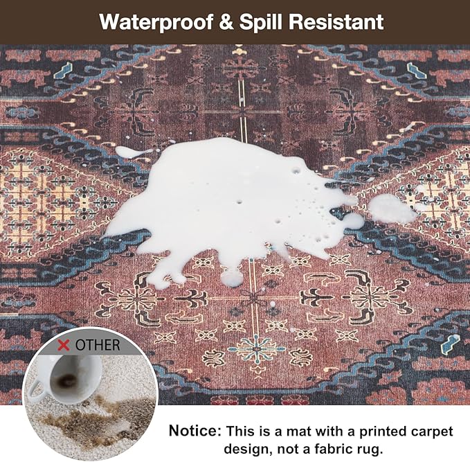 Floor Mat for Home 4×6ft, Easy Clean Plastic Rug-Like Pattern Area Mat for Living Room, Waterproof Vinyl Area Rug for Under Kitchen Table, No Slip Soft Vintage Rug for High Traffic Area (Brown)