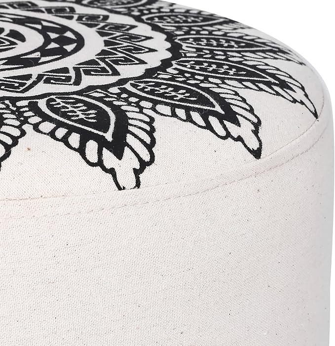 Asense Small Round Ottoman Foot Rest Stool Linen Padded Seat Footstool Ottoman with Anti-Slip Wooden Legs (White+Black,Linen)