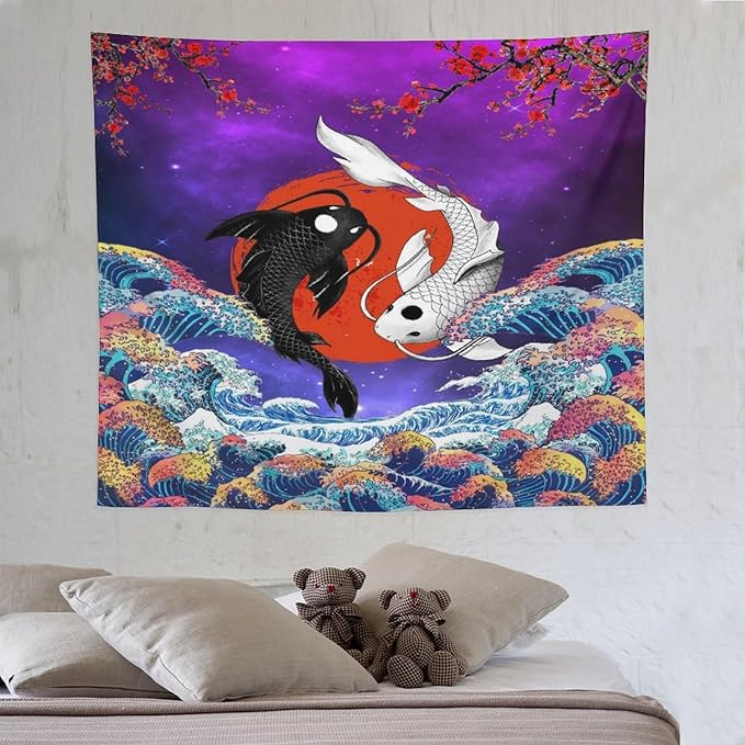 Houselerax Japanese Koi Fish Tapestry, Yin Yang Big Wave Cherry Blossom Tapestries Wall Hanging for Bedroom Living Room Office Decor 60"x50"