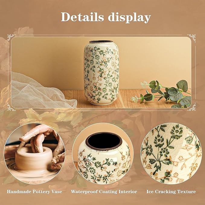 Rustic Vases for Decor, Farmhouse Ceramic Vase for Flowers, Vintage Decorative Vase for Home Decor, Dining Table, Living Room, Shelf, Kitchen, Bedroom (Green and Beige)