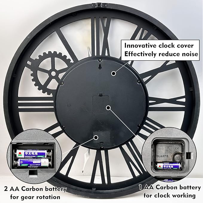 The B-Style Large Real Moving Gears Wall Clock 30 inch Rustic Retro Industrial Farmhouse Wood Clock Oversized Decorative Vintage Wall Clocks for Living Room (Silver Gray)