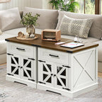 White Farmhouse End Table with Charging Station, 24" Large Sofa Side Table with Drawer, Large End Table for Living Room, Wooden Nightstand with Outlet, Square, White and Walnut