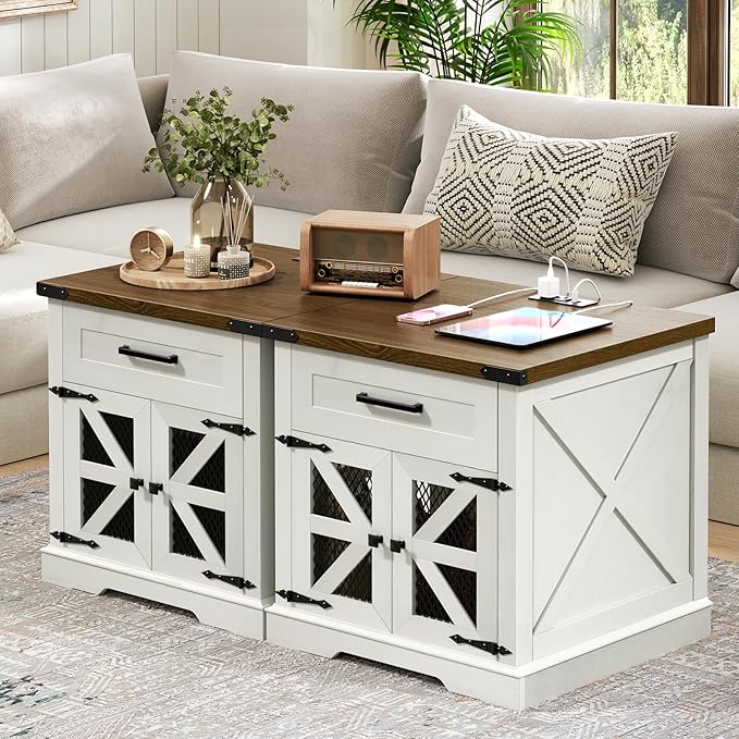 White Farmhouse End Table with Charging Station, 24" Large Sofa Side Table with Drawer, Large End Table for Living Room, Wooden Nightstand with Outlet, Square, White and Walnut