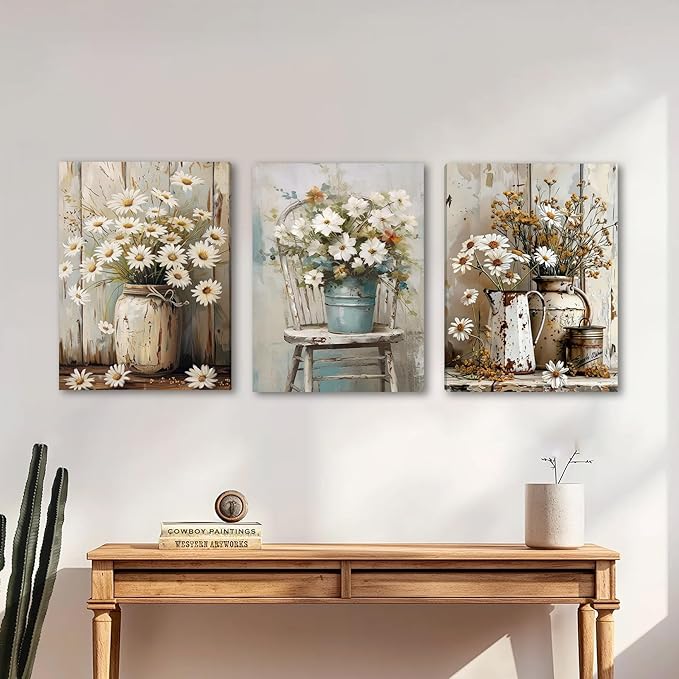 DUWQU 3 PCS Elegant Farmhouse Canvas Wall Art, Vintage Floral Pictures Art Wall Decor, Nature Themed Daisy Art Prints for Living Room Bedroom Kitchen and Office Ready to Hang 12×16 Inches