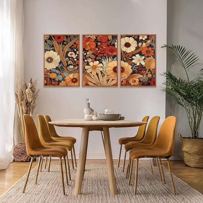 Aurlan Boho Burnt Orange Terracotta Wildflowers Framed Wall Art(16"x24"), 3 PCS Abstract Floral 3D Textured Canvas Artwork, Large Modern Vintage Botanical Nature Art Wall Decor for Home Office Living Room Bedroom