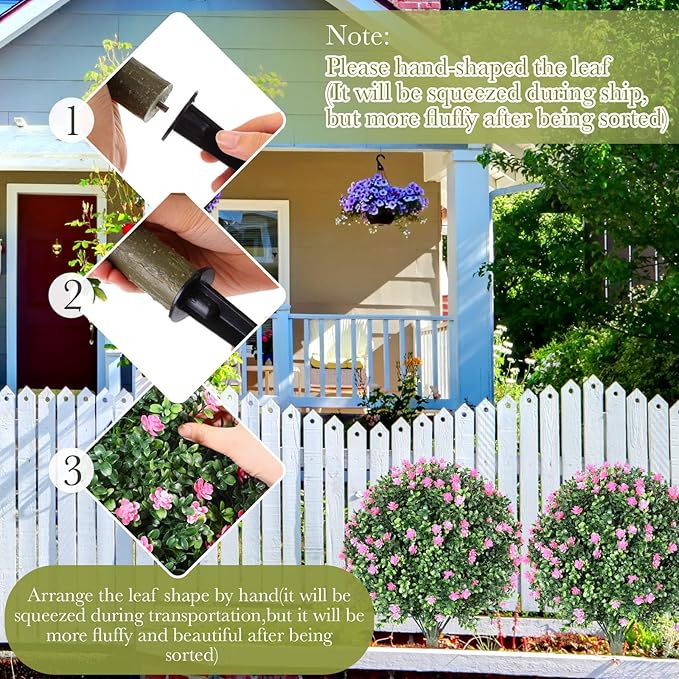 Yunlly Set of 2 Artificial Boxwood Topiary Ball Tree Fake Bushes Shrubs Outdoor Faux Plant with Ground Spike Flowers UV Resistance Greenery for Front Porch Garden Patio Indoor(Light Pink,27x18inch)