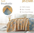 jinchan Boho 100% Cotton Muslin Queen Size 80x90 Inches Blanket Lightweight 4-Layer Quilted Soft Yellow and Blue Floral Throw Blanket Reversible Comfy Flower Rustic All Seasons Couch Bedroom Decor