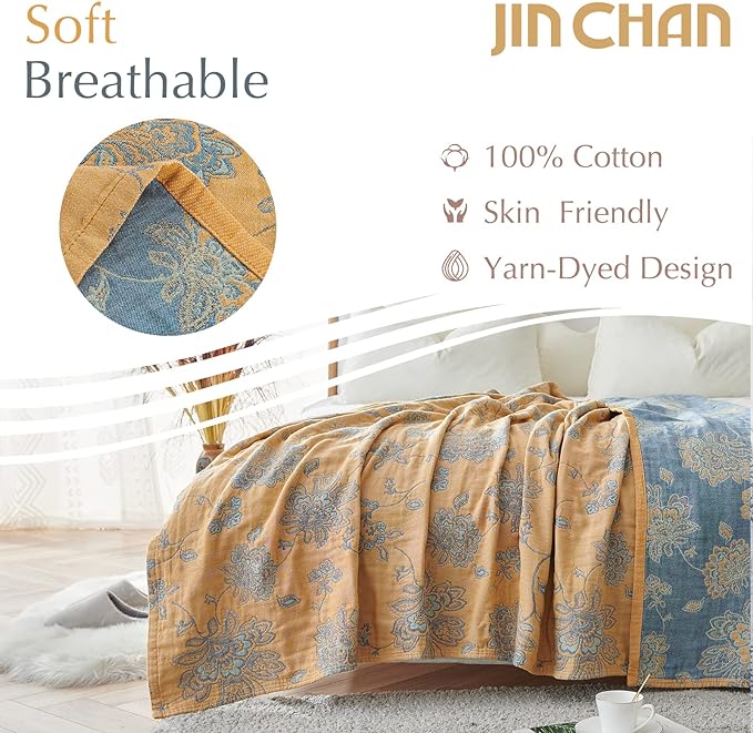 jinchan Boho 100% Cotton Muslin Twin Size 60x80 Inches Blanket Lightweight 4-Layer Quilted Soft Yellow and Blue Floral Throw Blanket Reversible Comfy Flower Breathable All Seasons Couch Bedroom Decor