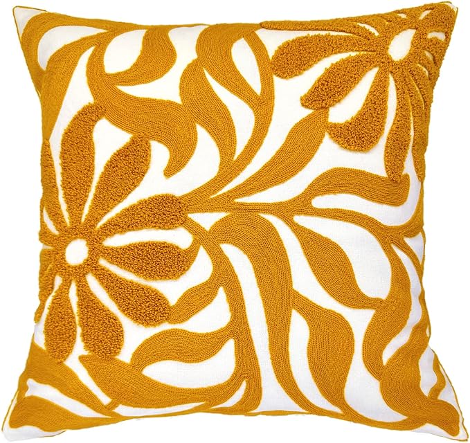 Alysheer Farmhouse Floral Leaves Embroidered Decorative Throw Pillow Cover 18x18 inches, Boho Tufted Flowers Embroidery Pattern Chic Cotton Cushion Case for Couch Bed Sofa Living Room(Mustard Yellow)
