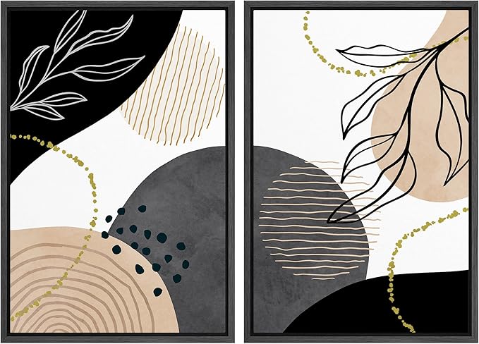 SIGNFORD Framed Canvas Print Wall Art Set Mid-Century Nordic Geometric Ring Plants Abstract Shapes Illustrations Modern Art Decorative Bohemian for Living Room, Bedroom, Office - 24"x36"x2 Black
