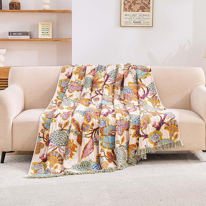 Boho Throw Blanket for Bed, 100% Cotton Soft Rustic Quilt Fall Blanket, 80"x90" Floral Printed Farmhouse Decor Bed Blankets, All Season Rustic Reversible Bohemian Throw Quilt