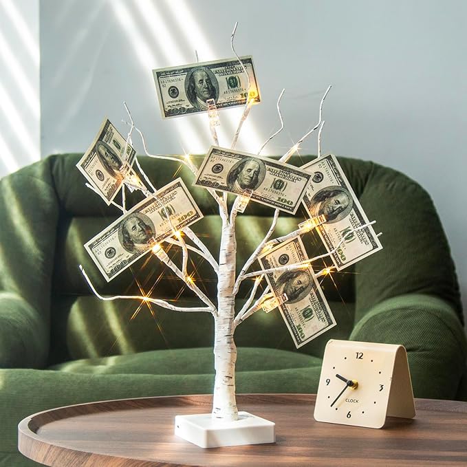 PABIPABI Money Tree Gift Holder, 24 LED Lighted Display Tree with 6 Clear Clips, Battery/USB Powered Timer Birch Tree for Christmas, Memo, Present Card, Photo, Wedding, Birthday Graduation