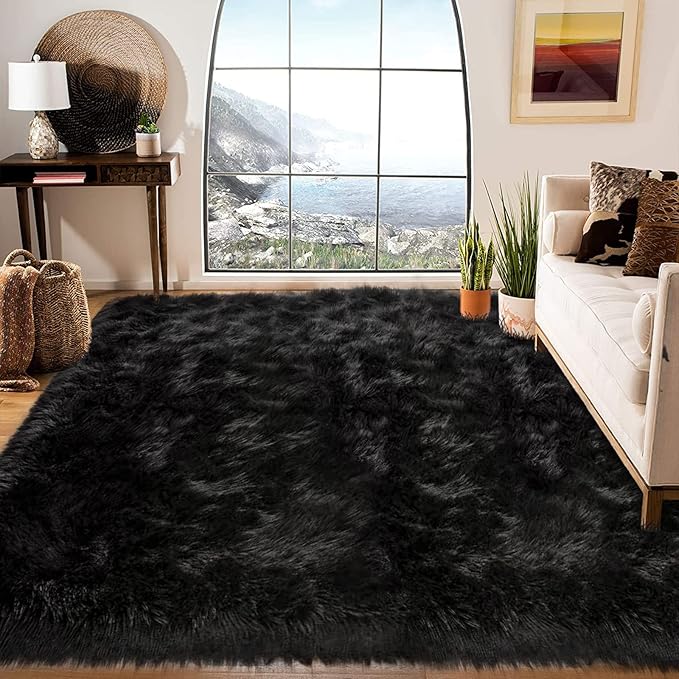 Latepis Area Rug 6x8, Faux Fur Sheepskin Rug for Living Room, Fluffy Washable Rugs for Bedroom, Dorm, Luxury Room Decor, Black Fur Rugs, Rectangle